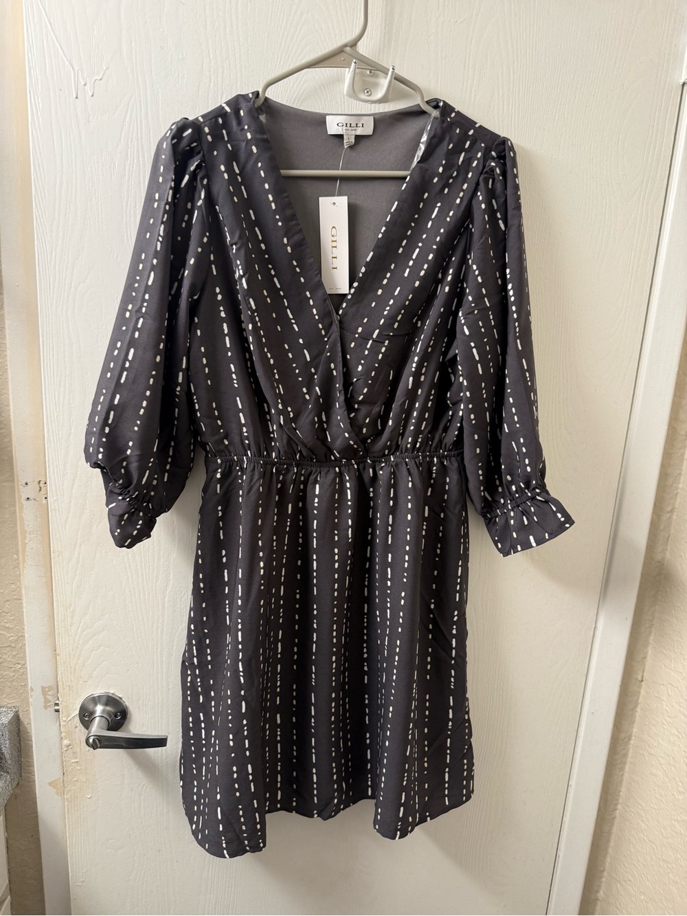 Gilli Dark Grey Dress with White Dash Stripe Print